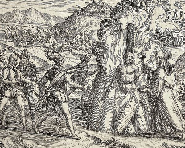 « Le supplice des Indiens » - Gravure de Bry datée de 1598